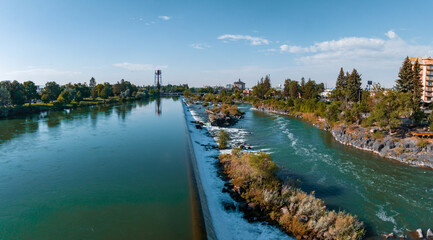 Aerial panoramic view of the waterfall in city of Idaho Falls, ID, USA.