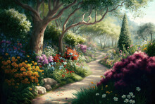 Wallpaper Of A Natural Landscape, An Outdoor Garden Of Trees, Flowers And Beautiful Nets, In Attractive Colors - Used As A Classic Wall Painting - Digital Painting -1