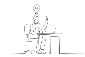 Wall Mural - Illustration of happy businessman working at his desk and creating a lot of idea bulbs. Single line art style