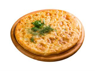 Canvas Print - khachapuri with spinach and cheese on the board, georgian cuisine isolated on white background