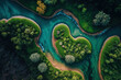Aerial view drone photo shows a river in Southeast Asia with a lush tropical vegetation and mountains in the distance. Generative AI