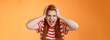 Pissed fed up redhead female teenager annoyed, break down, grab head yelling hateful displeased, depressed, upset failure, stand angry disappointed, panic, shouting aggressive orange background