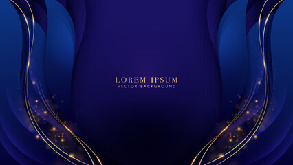 Wall Mural - Luxury gold line with blue curve, shiny dots effect and bokeh decoration. Elegant style vector design background