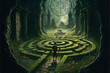A young person wanders through an ancient labyrinth overgrown with moss, vines, and wildflowers. Maze runner. Generative AI