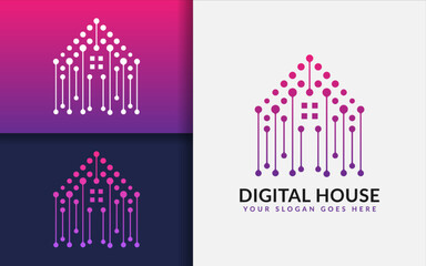 Poster - Digital House Logo Design with Tech Dot Combination Concept.