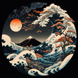 The great wave off kanagawa painting reproduction. Japanese style. Ukiyo-e style painting of the null void changing. Generative AI