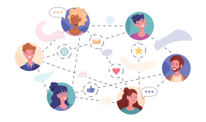 Poster - global network concept. men and women communicate in social media, business correspondence, email an