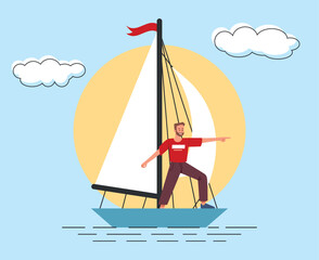 Poster - Leadership and vision concept. Man on boat floats against backdrop of sun and points forward. Motivation and goal setting, successful entrepreneur or businessman. Cartoon flat vector illustration