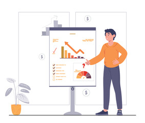 Poster - man lead presentation concept. young guy stands next to graphs and charts. poster or banner for webs