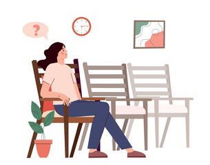 Wall Mural - Concept of expectation. Young girl sits on chair and looks at clock and picture. Patient at appointment with specialist or doctor. Poster or banner for website. Cartoon flat vector illustration