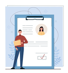 Poster - summary of employees. man with folder evaluates employee, rating and ranking, feedback and praise. p