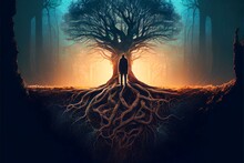 Person Standing In Front Of A Tree With Roots Reaching Deep Into The Earth, Representing The Strength And Stability That Comes From Being Grounded And Connected To One's Roots (AI Generated)