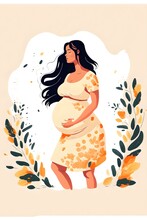 Banner With High Quality Illustration About Pregnancy And Motherhood. A Beautiful Pregnant Woman, Serene, With Flowers Around Her.