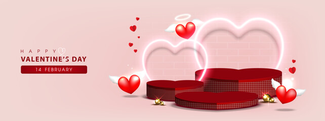 Happy Valentines Day with Blank podiums for show products decorated with Heart neon light and elements of Love. Valentine's Day background. Vector illustration.
