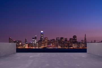 Wall Mural - Skyscrapers Cityscape Downtown, San Francisco Skyline Buildings. Beautiful Real Estate. Night time. Empty rooftop View. Success concept.