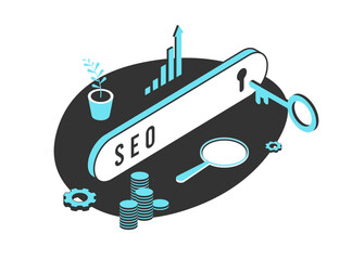 Fototapete - SEO - Search Engine Optimization concept. Digital marketing strategy. Search bar with keyhole and key as a metaphor for finding the right keywords and seo factor to get web site to the top