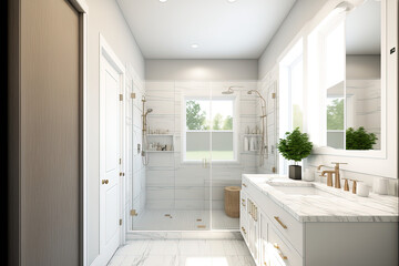 master bathroom with shower, minimalist design, clean lines, marble, all white, AI assisted finalized in Photoshop by me 