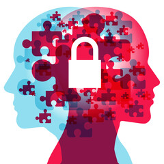 Wall Mural - A Male and Female side silhouette profile overlaid with various blending semi-transparent jigsaw shapes. Centrally positioned is a solid white 