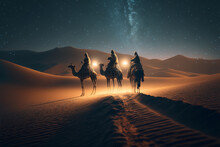 Three Kings Riding Camel On Desert