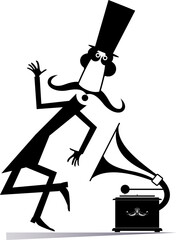 Wall Mural - Retro record player. Dancing man in the top hat.
Cartoon long mustache dancer in the top hat. Retro record player. Black on white illustration
