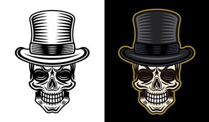 Gentleman skull in cylinder hat vector illustration in two styles monochrome on white and colorful on dark background