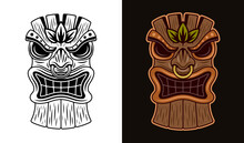 Tiki Wooden Head Vector Illustration In Two Styles Black On White And Colorful On Dark Background