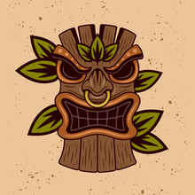 Tiki Head And Leaves Vector Illustration In Colorful Cartoon Style Isolated On Light Background