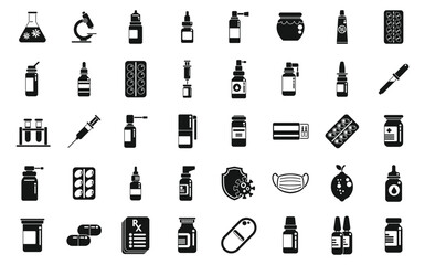 Poster - Antiviral medicines icons set simple vector. Covid syringe. Corona drug