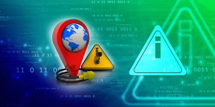 3d rendering Red map pointer under cctv camera connected aux cable