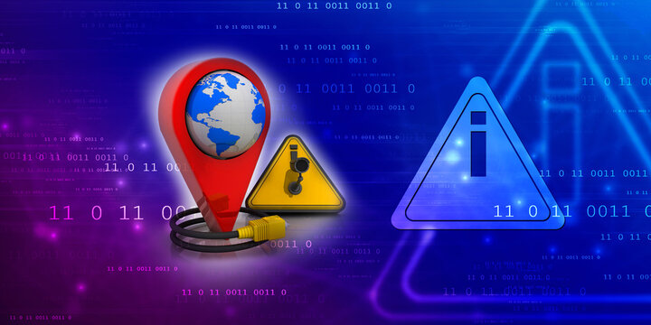 3d rendering Red map pointer under cctv camera connected aux cable