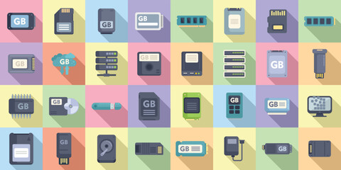 Poster - Gigabyte icons set flat vector. Big data. Cyber disk