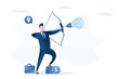© naum - Entrepreneur launch new startup. Confidence businessman archery aiming glowing lightbulb idea arrow to target. Business idea, creativity to solve problem,