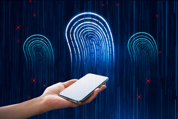 Poster - Close up of woman hand holding cellphone with abstract glowing blue fingerprint hologram on dark background. Forensics and ID concept.