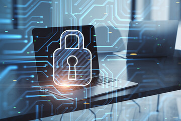 Poster - Close up of laptop computer on desktop with glowing padlock and circuit hologram on blurry background. Secure, safety and password concept. Double exposure.