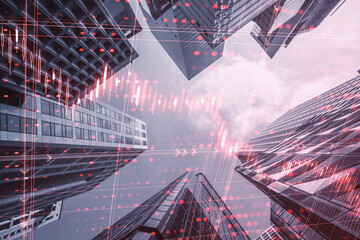 Poster - Creative falling red index candlestick graph on blurry background. Crisis, market fall, recession and money loss concept. Double exposure.