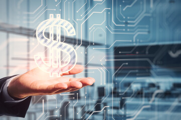 Poster - Close up of hand holding glowing dollar circuit sign on blurry office interior background. Digital money transaction concept. Double exposure.