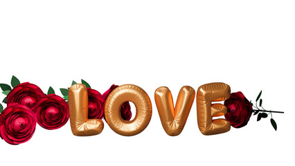 Canvas Print - Golden Foil Love Font With Beautiful Rose Flowers Element. 3D Render.