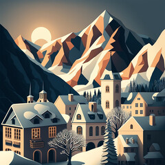 Snowy Mountain Town Vector Art AI Generated