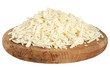 Grated cheese on a wooden round board, transparent background