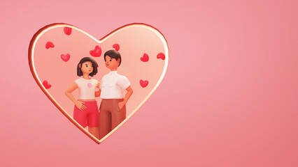 Sticker - 3D Render of Young Couple Hugging In Heart Shape Frame.