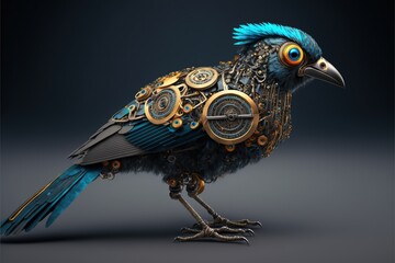 A mechanical bird with blue feathers and a gold beak