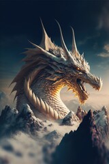 Wall Mural - A stunning white dragon on a mountain top whilst overlooking the surrounding landscape.