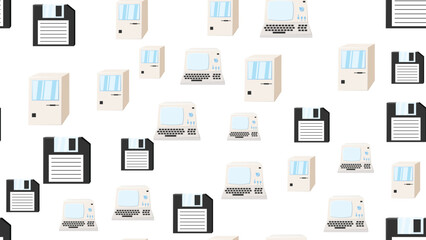 Poster - Seamless pattern endless computer with old retro computers, pc and vintage white hipster floppy disks from 70s, 80s, 90s isolated on white background. Vector illustration