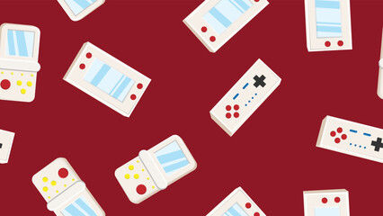 Poster - Seamless pattern endless with portable game consoles and joysticks, electronic toys old retro vintage hipster from 70s, 80s, 90s isolated on red background. Vector illustration