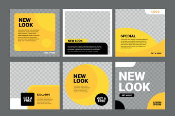 Wall Mural - Set of Editable square banner template. Black and yellow background color with stripe line shape. Suitable for social media post, and web internet ads. Vector illustration with photo college