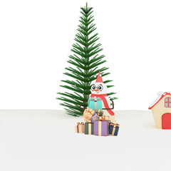 Sticker - 3D Render Of Cute Snowman Holding Gift Box With Xmas Or Spruce Tree, House Arch On Snowy Background.