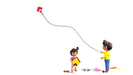 Sticker - 3D Render Of Boy Flying Kite Near Standing Girl Against Background.