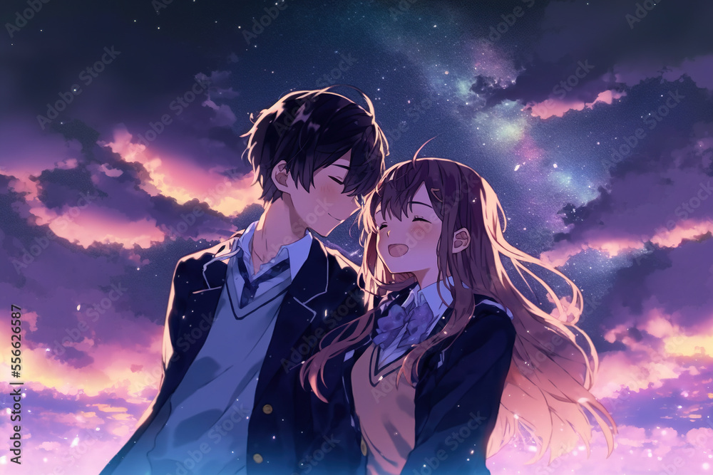 Cute couple in love. Romantic wallpaper. Anime style characters. AI Adobe Stock
