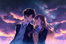 Cute Couple In Love. Romantic Wallpaper. Anime Style Characters. AI