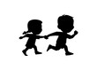 2 (two) cute cartoon kids silhouette running together holding hands, intimate brother and sister